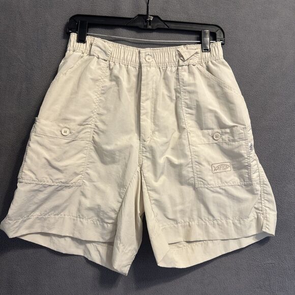 AFTCO Bluewater Cargo Nylon Fishing Shorts Size 32 Tan Ivory Elastic Waist 7” - Picture 1 of 11